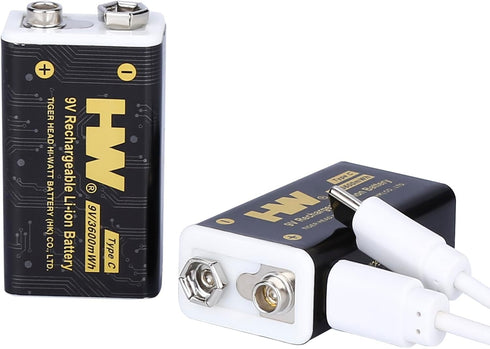 HW USB-C Rechargeable 9V Li-ion Batteires, 1.5 H Fast Charge 1000 cycles with Long Last for Smoke Detectors and Microphone...