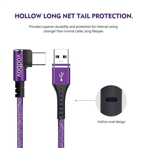 USB-C Cable 3-Pack 1ft 3ft 6ft Right Angle USB to USB-C 90 Degree Braided Data Sync Transfer Cord Purple...