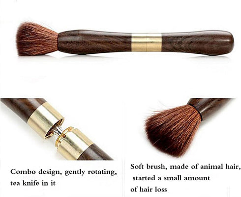 Puer Tea Knife - Stainless Steel Tea Pick with Wooden Handle & Teapot Brush, Vintage Tea Tool for Breaking Puerh Tea Cakes (Dark Brown, 210mm)...