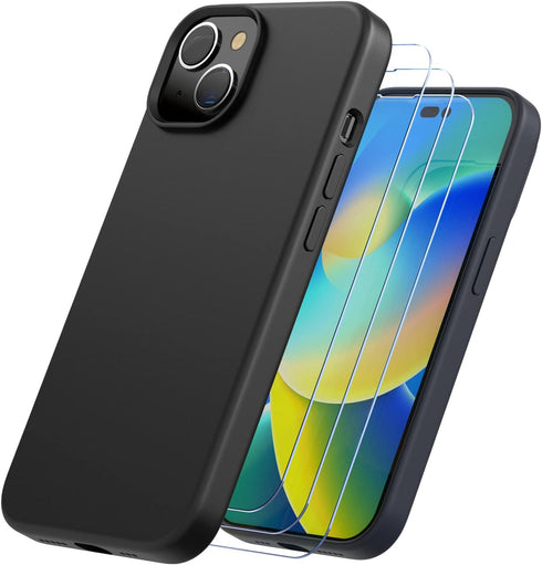 Trianium [4 in 1 Designed for iPhone 14 Case Silicone (Black), with 3 Pack Screen Protector, Bundle Protection Kit HD Tempered Glass Slim Cover 6....
