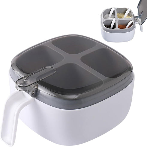 Seasoning Box with Lid and Spoon, 4 Compartment Spice Pots with Handle for Household kitchen for Salt Sugar Pepper Powder, Leakproof, Easy to Clea...