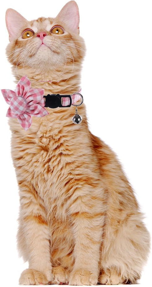 Cat Collar Breakaway with Cute Sunflower and Bell Plaid Flower for Kitty Adjustable Safety...