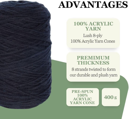 400g 8 Ply 100% Acrylic Yarn for Tufting, Crochet, Rug Weaving, Knitting, Crafts, Stitching Thread - 1 Cone x 400g (425m-475m) (Black)......