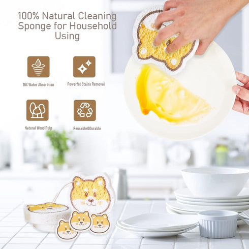 8 Pack Happy Dog Dishwashing Sponges Natural Wood Pulp Fiber High Efficient Absorbing Cute Shape Sponges for Kitchen and Household Cleaning...