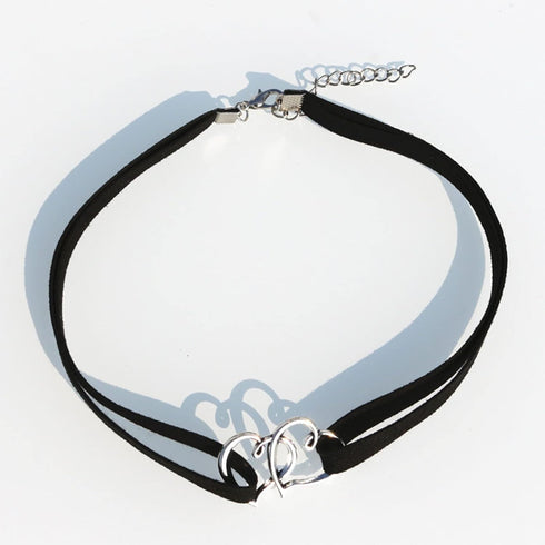 Punk Leather Choker Necklace Silver Heart Collar Chain Necklace Black Hollow Love Heart Necklace Chain Retro Velvet Choker Necklace Chain Jewelry ...