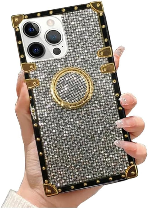 for iPhone 12 Pro Max 6.7" Bling Case Luxury Box Trunk Design Glitter Cute Gold Corner Soft TPU Cover with Ring Kickstand Holder Phone Skin,Gray...