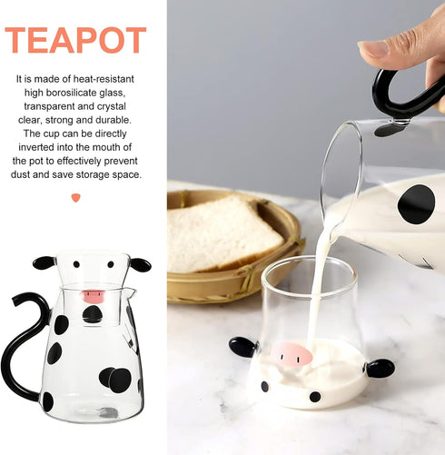 1 Set Glass Carafe Pitcher with Glass Mug Cute Cow Glass Tea Pitcher Kettle Milk Jug Night Water Carafe for Midnight Drink Home Office Hotel 550ml...