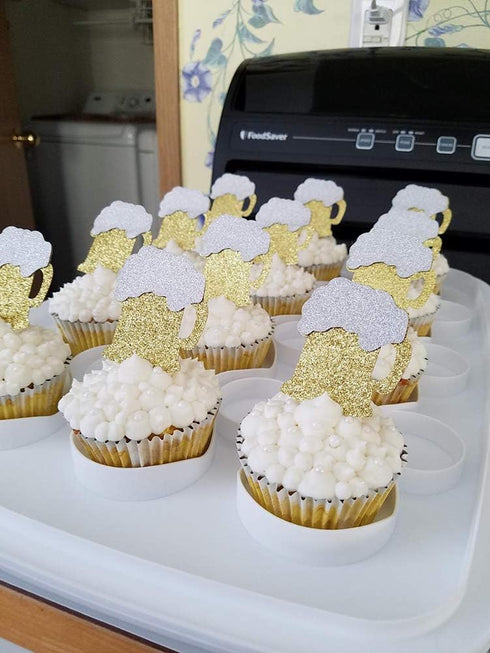 24 PCS Gold Glitter Beer Mug Cupcake Toppers Food Cake Picks Party Decor...