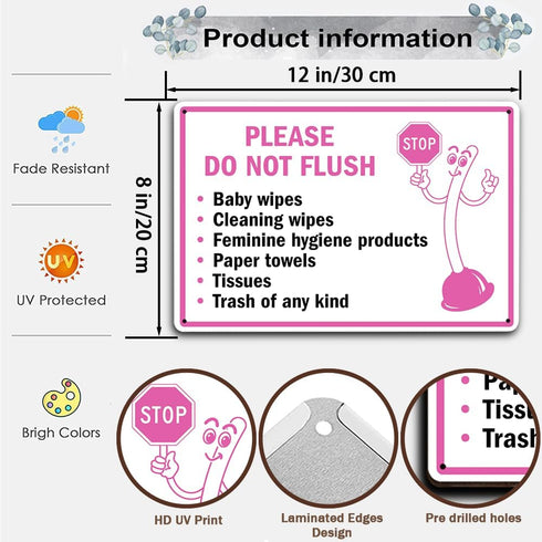 Restroom Reminder Metal Sign 12x8" Playful Toilet Mascot 'Do Not Flush' List - Pink Durable Bathroom Signage for Septic Tank Safety - Educational ...