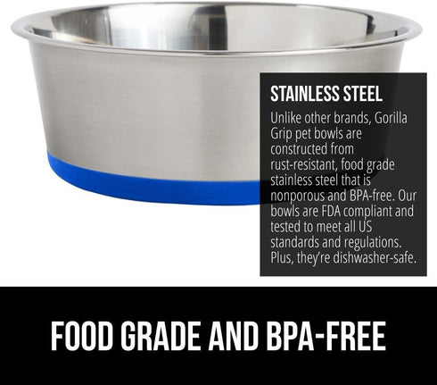 Gorilla Grip Stainless Steel Metal Dog Bowl Set of 2, Rubber Base, Heavy Duty Feeding Dishes, Food Grade BPA Free, Less Sliding, Quiet Pet Bowls f...