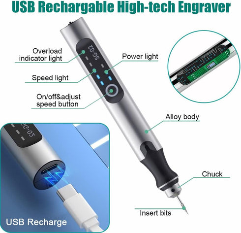 USB Rechargable Engraving Pen with 35bits,Mini Electric Engraver Etching Machines Cordless Rotary Tools Engraved Jewelry Stone Metal Plastic Wood ...