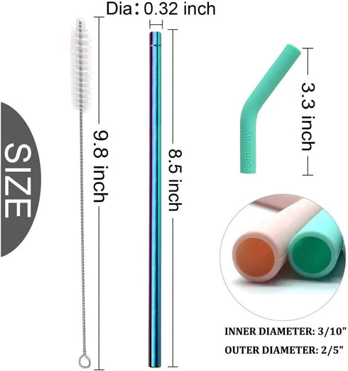 Senneny Set of 5 Stainless Steel Straws with Silicone Flex Tips Elbows Cover, 2 Cleaning Brushes and 1 Portable Bag Included (Colorful)- 8mm diame...