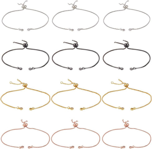 1 Box 12Pcs 4 Colors Slider Bracelet Chain Adjustable Slider Bracelets Bead Ends Chains with Rhinestone Brass Slider Bracelet findings for jewelry...