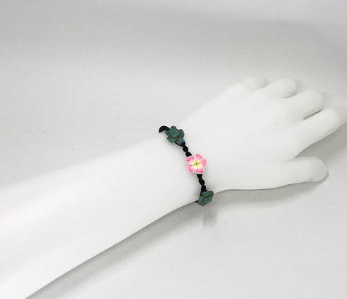 Turquoise Turtle Hemp Style Bracelet or Anklet - Pink Frangipani Flowers Hawaiian Bracelet - Adjustable...