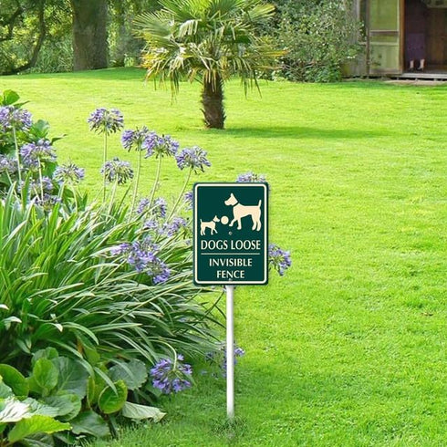 Dogs Loose Invisible Fence Yard Sign with Stake 8x12inch Rustproof Outdoor Aluminum Sign for Yard Garden Lawn Street Outdoor...