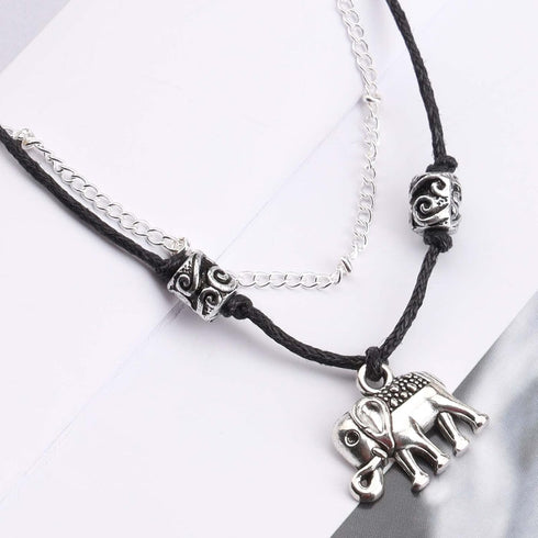 Vintage Layered Elephant Ankle Bracelet Silver Elephant Dangle Anklets Black Rope Chain Ankle Bracelet Black Wax Rope Ankle Bracelet Summer Foot C...