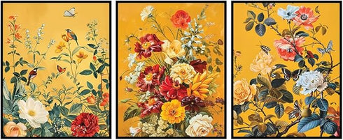 Posterizer 3 pcs-Vibrant Yellow Theme-Lush Flowers-Floral Botanical Art-Abstract & Modern Art- Kitchens, Dining Room Decor- unframed wall art...