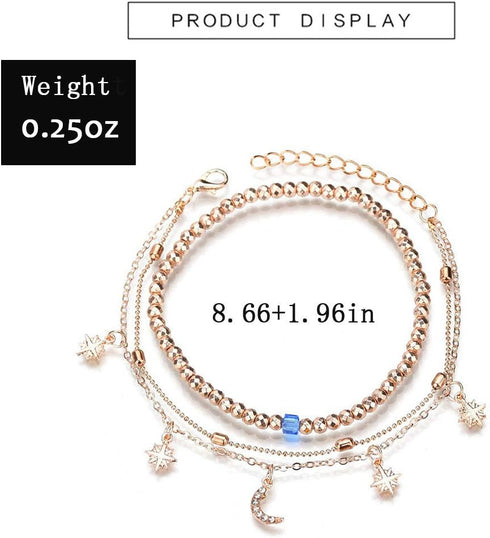 Boho Three Layered Beaded Ankle Bracelets Gold Moon Summer Beach Anklet Chain for Women...