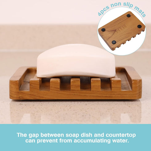 2PCS Self Draining Soap Dishes by HTB, Teak Wood Soap Holder, Soap Saver for Shower, Bathroom, Bath Tub, Kitchen Sponges, Easy Dry Extend Soap Lif...