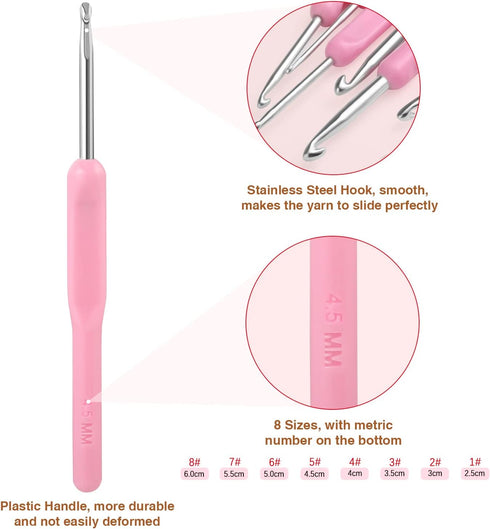 8PCS Crochet Hooks Set Pink Crochet Set Smooth Knitting Needles Kit Silicone Crochet Hook......