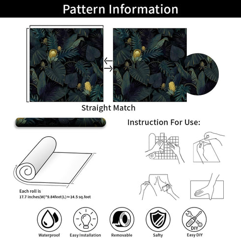Tropics Plants Floral Peel and Stick Wallpaper, 17.71in X 118.1in Self Adhesive Removable WallPaper Black/Dark Green/Yellow Contact Paper Waterpro...