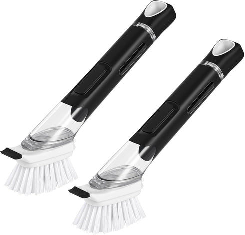 SUBEKYU Dish Brushes with Soap Dispenser, Kitchen Dish Scrubber Brushes with Handle, Dishwashing Cleaning Scrubbers for Dishes/Pans/Pots, Black, 2...