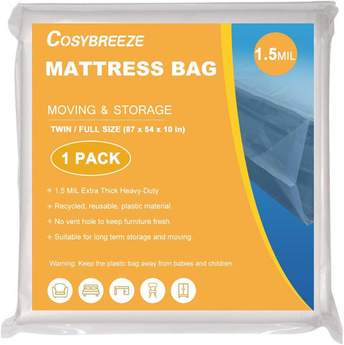 Mattress Bags for Moving 1.5 Mil Mattress Storage Bag Twin or Full Size 1 Pack - Heavy Duty Thick Plastic Wrap Mattress Protector Long-Term Storag...