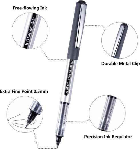 Bullet Tip Rollerball Pens, 25 Pack Black Liquid Ink Rollerball Pens, Fine Point Pens 0.5mm Large Capacity Ink, Quick Drying For Writing Journalin...