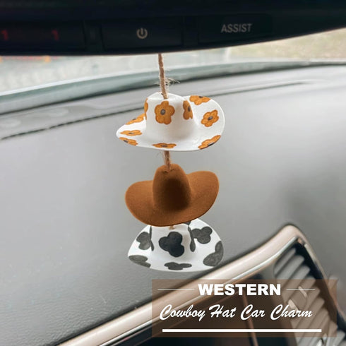 Cowboy Hat Car Charm,Country Rear View Mirror Hanging Accessories,Sunflower Cowgirl hat Cow Print Car Decor,Cute Handmade Felt Mini Hat Ornament P...