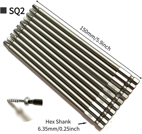 10 Pieces Square Head #2 Magnetic Screwdriver Bits Set SQ2 Power Tools 1/4 Inch Hex Shank 5.9 Inch Length Made Of S2 Steel...