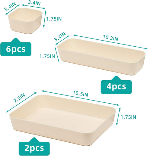 Backerysupply Set Of 12 Beige Color Plastic Desk Drawer Organizers For Makeup Bathroom Office Kitchen Vanity Drawer Storage Box Container...