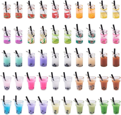 Cheriswelry 100pcs Glass Bottle Pendants Resin Fruit Juice Charms Colourful Drink Cup Milk Tea Dangle Pendants with Loop Hang Ornament Decoration ...