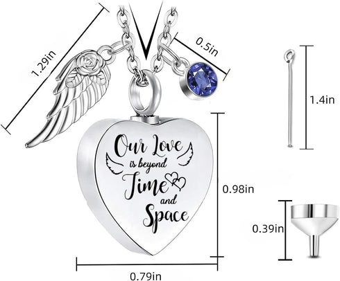 Heart Urn Necklace for Ashes with 12 Birthstones Cremation Jewelry and Angel Wing for Ashes with stary box and transparent PE cover - Our love is ...