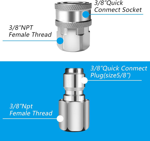 2 Sets NPT 3/8 Inch Pressure Washer Quick Connect Kit, Stainless Steel Male And Female Quick Connect Pressure Washer Fittings Pressure Washer Adap...