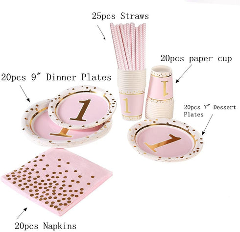 MaitianGuyou 1st Birthday Girl Decoration,Baby Shower Party Supplies Disposable Tableware Sets Includes Paper Plates Cups Straws And Napkins for B...