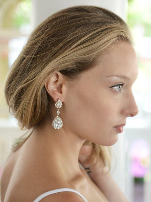 Mariell Gold Clip-On Earrings with Austrian Crystal Teardrop Dangles - Prom & Bridal Chandelier Clip Ons...