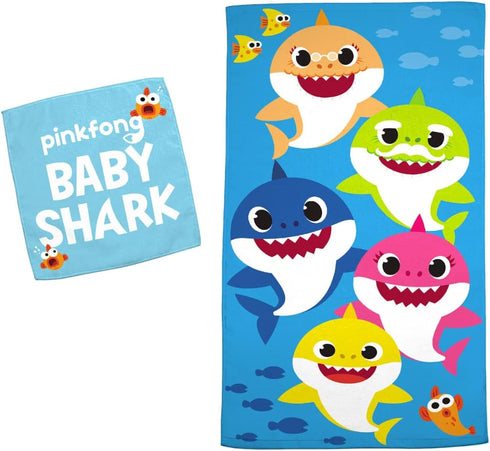 Franco Baby Shark Kids Bath/Pool/Beach Soft Absorbent Cotton Terry Towel with Washcloth 2 Piece Set, 50 in x 25 in...
