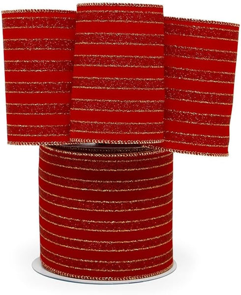 4" X 10 Yards Red Regal Stripes Velvet Wired Ribbon Christmas...