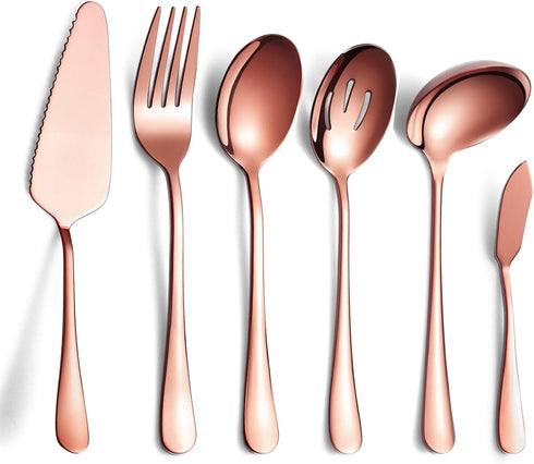 6-Piece Copper Serving Flatware Silverware Set,Stainless Steel Serving Utensil Set,Include Cake Server, Slotted Serving Spoon, Serving Spoon, Cold...