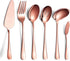 6-Piece Copper Serving Flatware Silverware Set,Stainless Steel Serving Utensil Set,Include Cake Server, Slotted Serving Spoon, Serving Spoon, Cold...