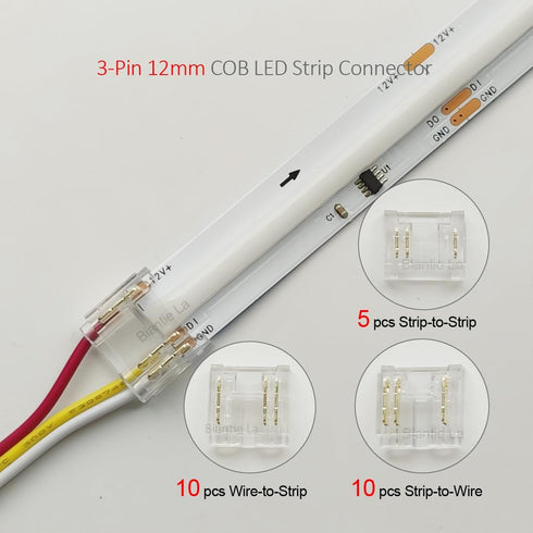 3-Pin 12mm COB LED Strip Connector Kit for Solderless Strip-to-Wire and Strip-to-Strip Joints on 5V 12V 24V DC COB LED Light Strips (Pack of 25)...