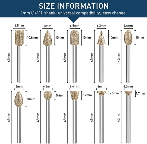 Diamond Grinding Burr Bit Set?20Pcs Rotary Tool Accessories Stone Carving Set with 1/8 inch Shank for Stone Ceramic Glass Carving, Grinding, Polis...