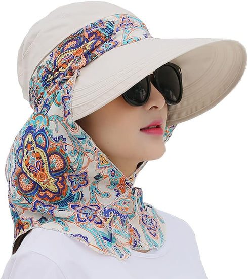 2 in 1 Foldable Sun Hat with Neck Flap Beach Fishing Hat Large Brim UV Protection Hat Gardening Walking Hat for Women Girls Beige...