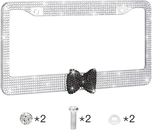 OTOSTAR 1 Pack Bling License Plate Frame with Ribbon Bow, Handcrafted Shiny Rhinestones Premium Stainless Steel 2 Holes License Plate Holder with ...