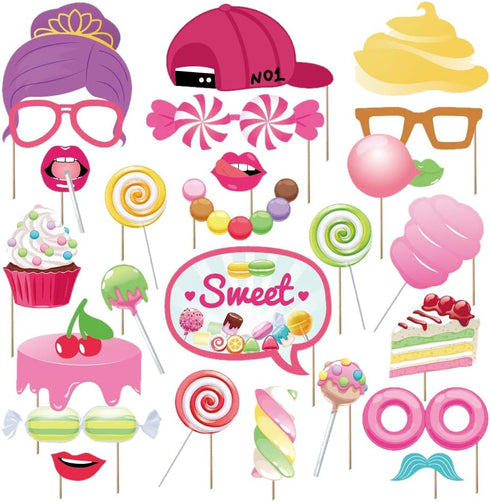 25Pcs Candy Land Photo Booth Props with Stick, Candyland Selfie Props, Candy Shop Party Supplies, Lollipop Birthday Theme Backdrop Decorations, Bo...