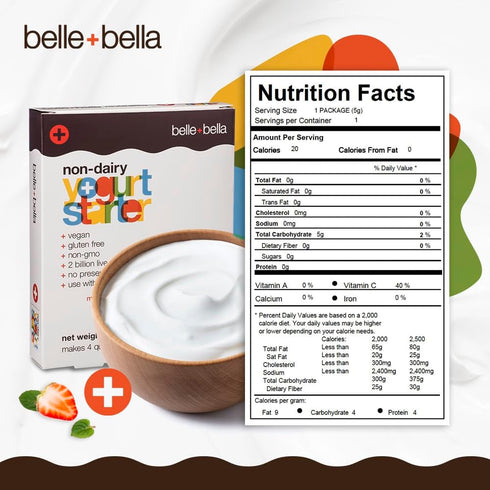 Belle + Bella Non-Dairy Vegan Yogurt Starter - Gluten Free, No Added Sugar, Non GMO - Makes 12 Quarts Vegan Yogurt - 2 Billion Live Cultures - Mix...