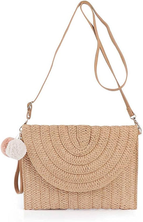 Handwoven Round Straw Shoulder Bag Crossbody Bag Girls Summer Beach Straw Bag Envelope Wallet for Womens...