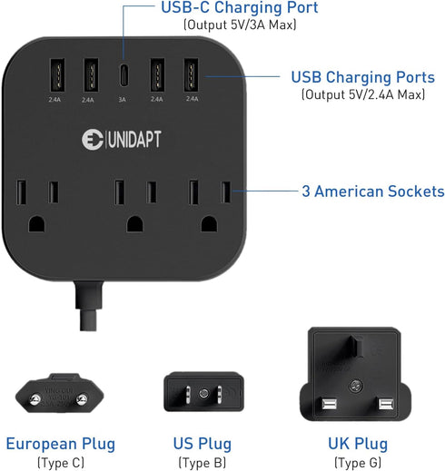 European Plug Adapter, Unidapt US to UK Europe Power Strip for EU/UK/US with USB C and 4 USB Ports, 3 AC Outlets, Wall Mountable, 5ft Extension Co...