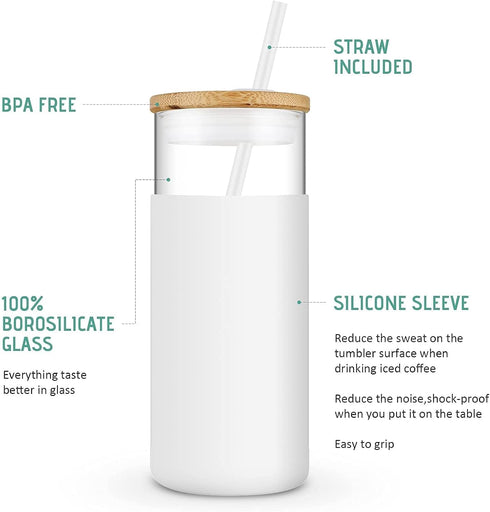 Tronco 20oz Glass Tumbler Glass Water Bottle Straw Silicone Protective Sleeve Bamboo Lid - BPA Free (Midnight Green/ 1 Pack)...
