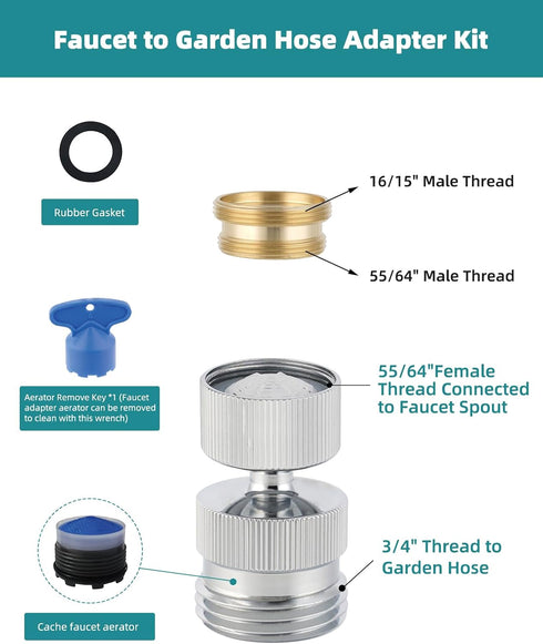 Hibbent Swivel Faucet Adapter Kit, Solid Brass 3/4'' Garden Hose Adapter with Aerator, 360 Degree Kitchen Sink Faucet Aerator Adapter for Female &...